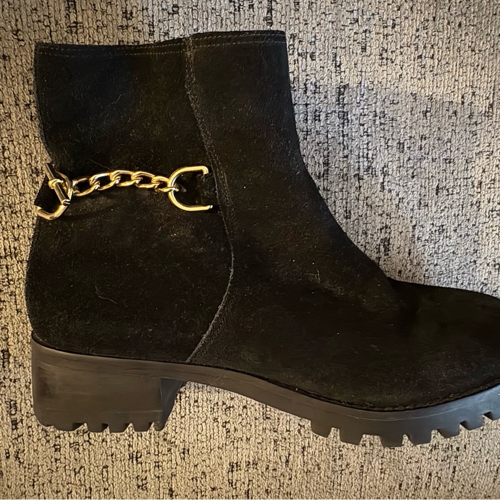 **SALE**

Talbots Black Suede Ankle Boot with Gold Chain Detail